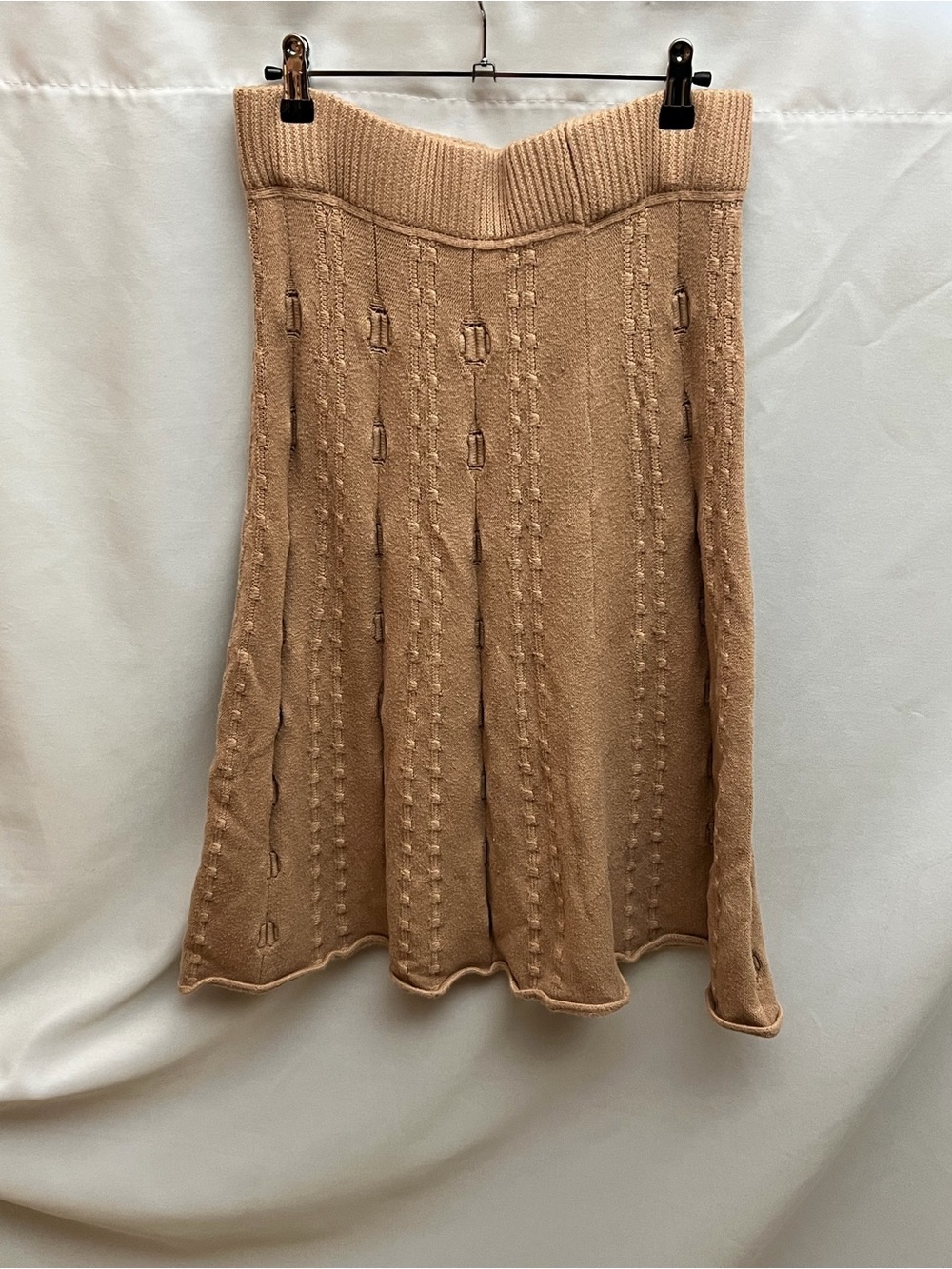 Women’s Beige Tan Knit Midi Sweater Skirt XL Boho Stretch Pull On A-Line